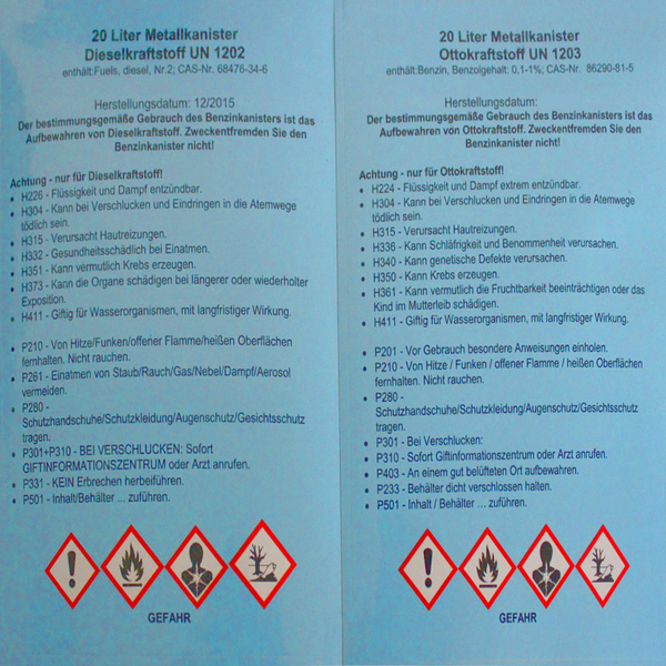 Sicherheitshinweise und Kennzeichnungen für zwanzig Liter Metallkanister für Diesel und Ottokraftstoff mit Gefahrensymbolen