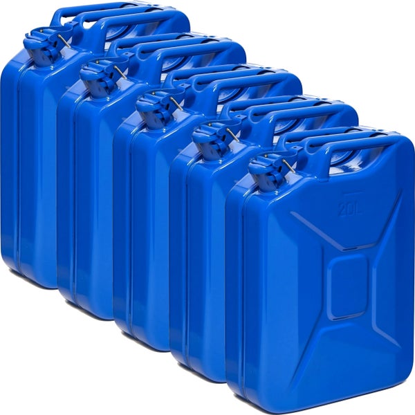 Mehrere blaue 20-Liter-Kraftstoffkanister aus Metall