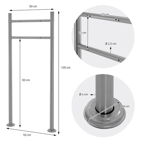 Edelstahl-Briefkastenständer mit Maßangaben: Gesamthöhe 120 Zentimeter, Breite 50 Zentimeter, Pfostendurchmesser 4 Zentimeter.