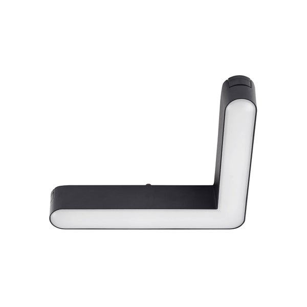 L-förmige LED-Wandleuchte aus Metall und Kunststoff in Schwarz und Weiß.