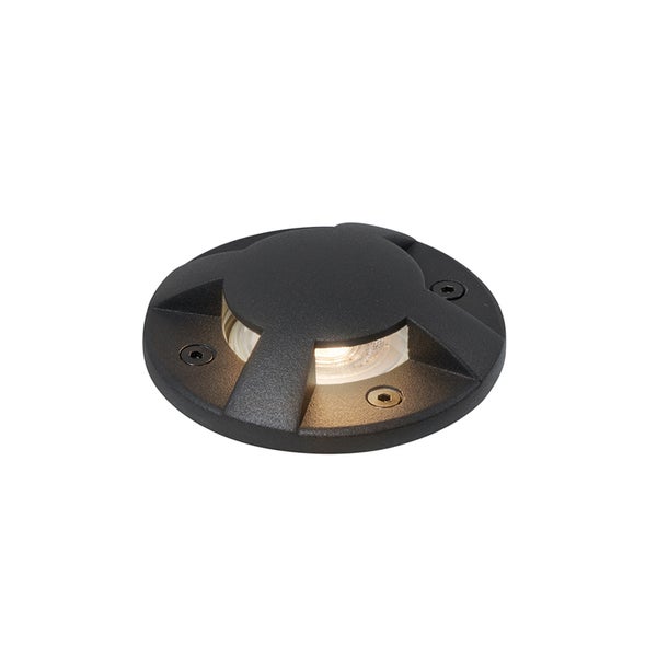 Runde schwarze Bodenaufbauleuchte aus Aluminium mit LED Lichtquelle.