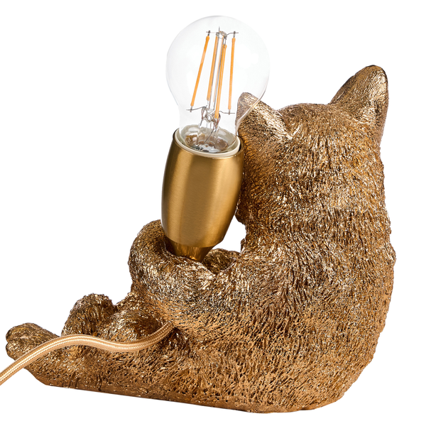 Goldfarbene Tischleuchte in Form eines Bären mit Leuchtmittel und goldfarbenem Textilkabel.