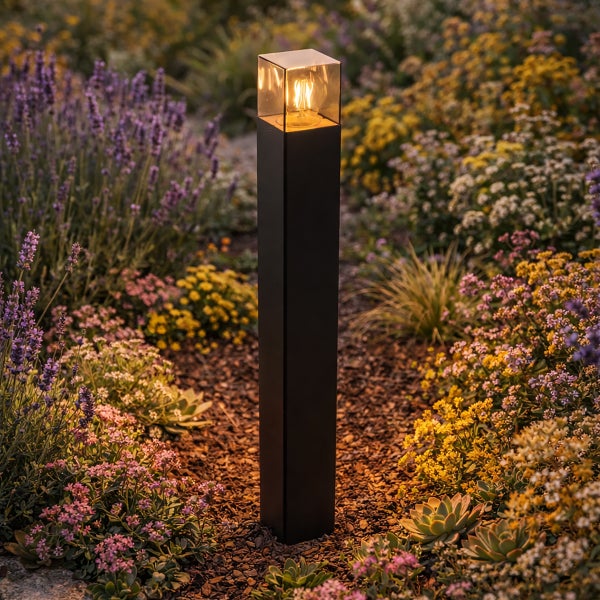 Moderne schwarze eckige Außenstehleuchte mit Glasaufsatz und brennendem Leuchtmittel in einem bunten Gartenbeet.