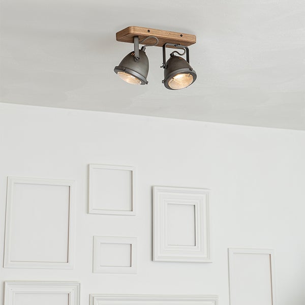 Deckenleuchte mit zwei Strahlern aus Holz und Metall