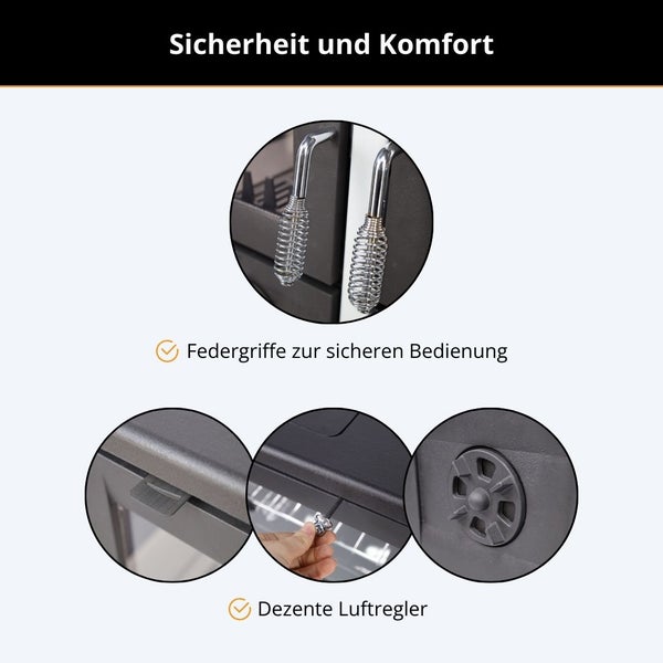 Detailansicht eines Kaminofens mit Federgriffen zur sicheren Bedienung und dezenten Luftreglern.