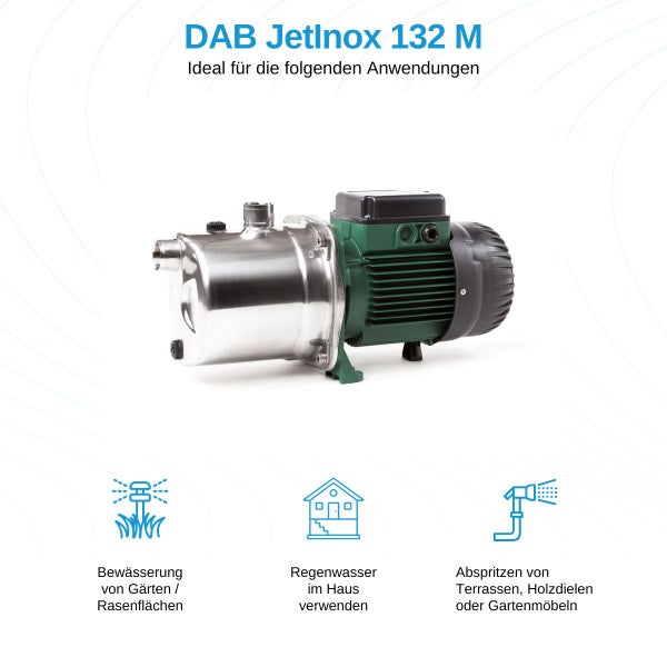 Gartenpumpe DAB Jetinox 132 M mit Edelstahlgehäuse, 4800 Liter pro Stunde Förderleistung, 48 Meter Förderhöhe und 8 Meter Ansaugtiefe.