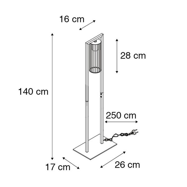 Abmessungen einer Stehlampe: Höhe 140 cm, Schirm 28 cm, Sockel 26 cm x 17 cm, Schirm oben 16 cm, Kabellänge 250 cm
