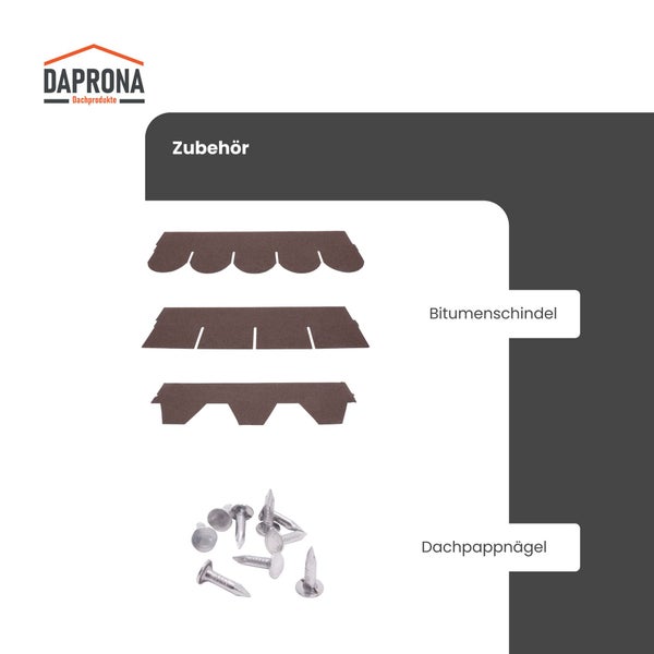 Daprona Logo, Bitumenschindeln in verschiedenen Formen und Dachpappnägel als Zubehör für Dachprodukte.