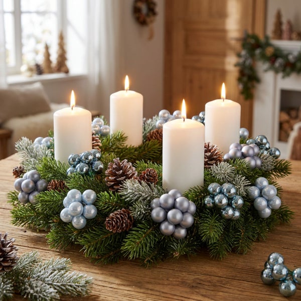 Adventskranz mit vier brennenden Kerzen dekoriert mit Tannenzweigen, Kiefernzapfen und Weihnachtskugeln auf einem hölzernen Tisch.
