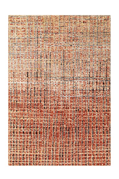 Moderner rechteckiger Teppich mit abstraktem Gittermuster in Rost, Orange und Cremetönen.