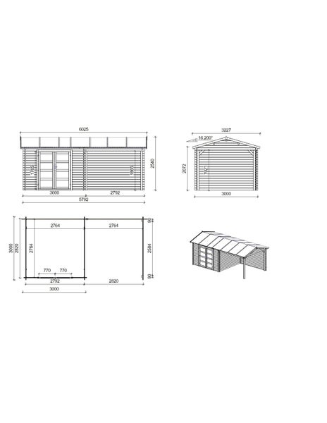 Technische Zeichnungen und 3D-Skizze eines Gartenhauses aus Holz mit Schleppdach, inklusive Vorderansicht, Seitenansicht und Grundriss mit Maßen.
