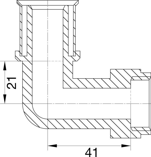 Technische Zeichnung eines 90 Grad Winkelstücks mit den Maßen 21 Millimeter und 41 Millimeter.