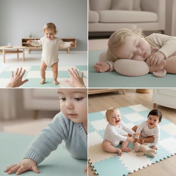 Babys spielen, stehen und schlafen auf einer strukturierten, karierten Schaumstoff-Puzzlematte in einem hellen Wohnzimmer.