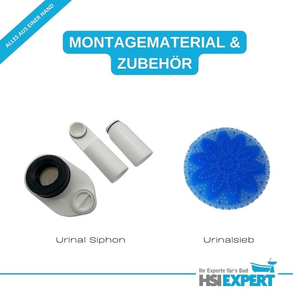 Montagematerial und Zubehör für Urinale, inklusive Siphon und Sieb.