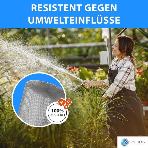 Frau gießt Gartenpflanzen neben 100 Prozent rostfreiem Metallgewebe, das resistent gegen Umwelteinflüsse ist. Onpira Logo.