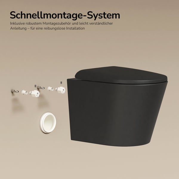 Wandhängendes WC in Schwarz matt inklusive Schnellmontage-System und entsprechendem Montagezubehör.