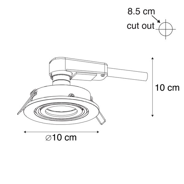 Maßzeichnung für einen Einbaustrahler mit den Maßen: Durchmesser 10 Zentimeter, Höhe 10 Zentimeter und Lochausschnitt 8,5 Zentimeter.