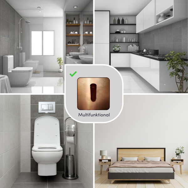 Collage moderner Wohnbereiche wie Badezimmer, Küche und Schlafzimmer zur Veranschaulichung der multifunktionalen Nutzung von Einrichtungselementen.