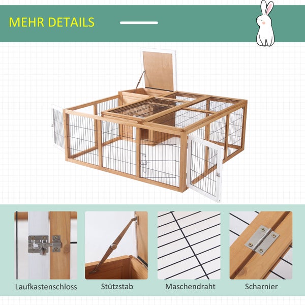 PawHut Kaninchenstall Kleintiergehege mit Dach zum Öffnen Kleintierkäfig Meerschweinchenstall mit Freigehege für draußen wetterbeständig Tannenholz Natur 123 x 120 x 52 cm