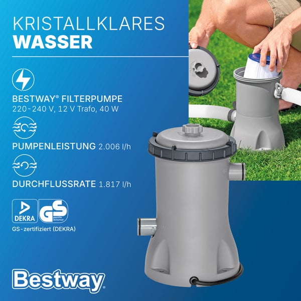 Bestway Logo. Bestway Filterpumpe mit einer Pumpenleistung von 2.006 Litern pro Stunde, Geprüfte Sicherheit, für sauberes Poolwasser.