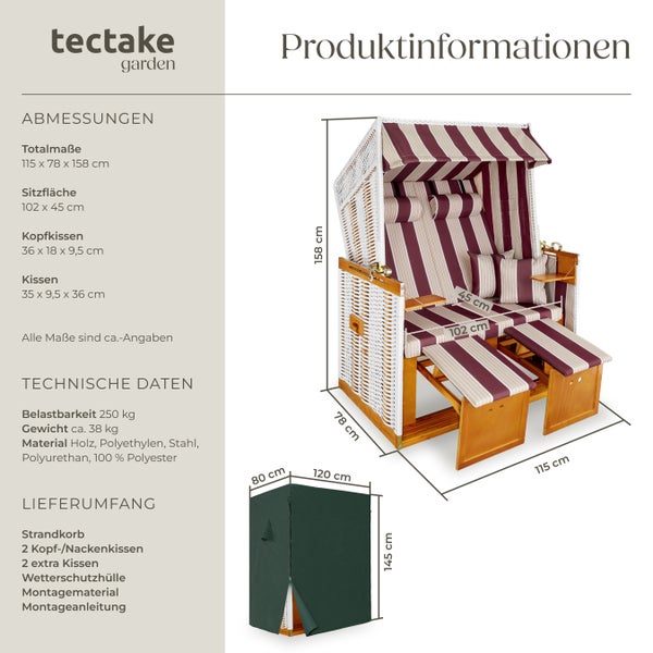 Strandkorb tectake Sylt 115 x 158 x 78 cm gepolstert mit ausziehbaren Fußbänkchen rot/weiß