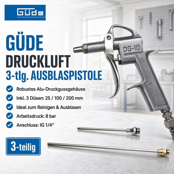 Güde Ausblaspistole DG-10 aus Aluminiumdruckguss, inklusive drei Düsen in verschiedenen Längen, 8 bar Arbeitsdruck und 1/4 Zoll Anschluss.