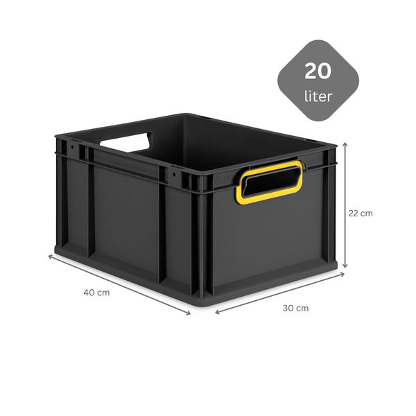 PROREGAL SuperSparSet 8x Eurobox NextGen Color mit Scharnierdeckel und Schiebeschnappverschlüssen, HxBxT 22x30x40cm, 20 Liter, Schwarz, Griffe gelb offen, Eurobehälter, Transportbox, Transportbehälter, Stapelbehälter