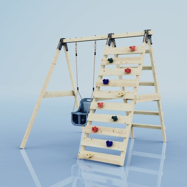 Holz-Schaukelgestell mit Kletterwand und blauem Babysitz für den Garten.