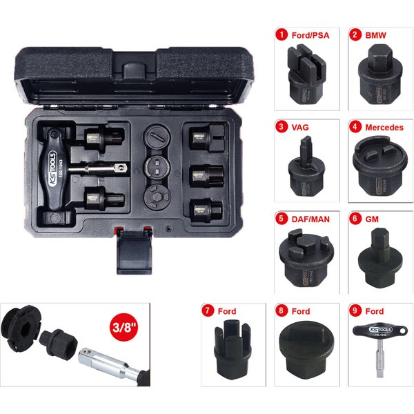 KS TOOLS 3/8 Öldienst-Spezialprofil-Satz für Kunststoff-Ölablassschrauben, 9-tlg - 150.1040