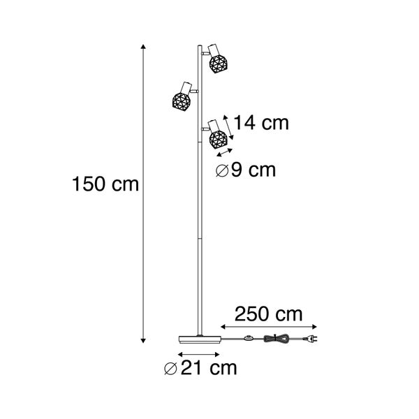Skizze einer Stehlampe mit den Maßen 150 Zentimeter Höhe, 21 Zentimeter Durchmesser des Fußes, 14 Zentimeter Länge der Leuchtenköpfe, 9 Zentimeter Durchmesser der Leuchtenköpfe und 250 Zentimeter Kabellänge