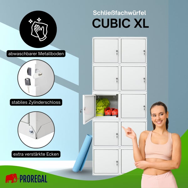 Schließfachwürfel CUBIC XL mit zehn Fächern, abwaschbarem Metallboden, Zylinderschloss und verstärkten Ecken. Proregal Logo.