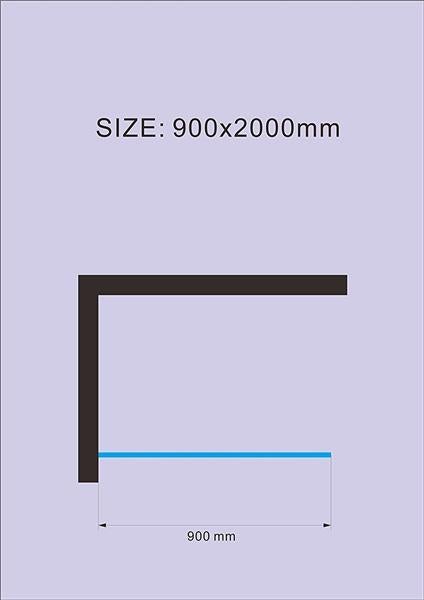 Schematische Zeichnung der Produktmaße 900 mal 2000 Millimeter, Breite 900 Millimeter.