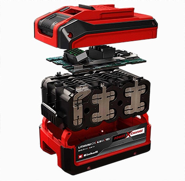 Explosionsansicht eines Einhell Power X Change Akkus mit sichtbaren internen Komponenten und Leiterplatte.