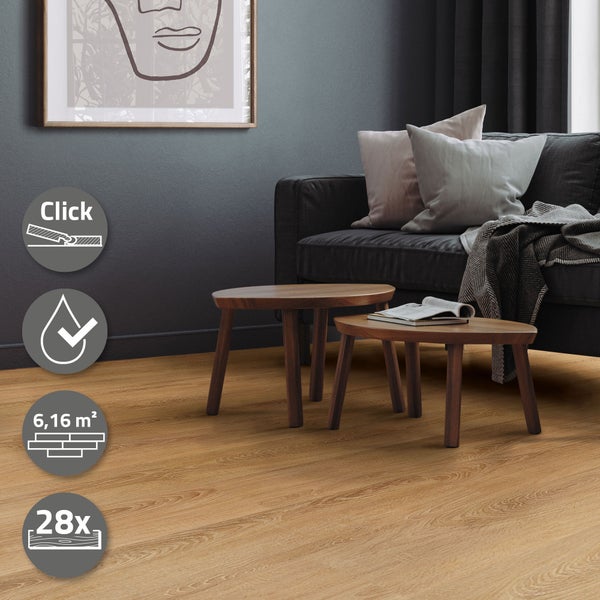 ML-Design Deluxe PVC Bodenbelag, Click Vinyl-Dielen, Vinylboden, 122 cm x 18 cm x 4,2 mm, Dicke 4,2 mm, 6,16m²/28 Dielen, Sandbar Eiche, Braun, Holzoptik, rutschfest, wasserfest, Belastungsklasse 34