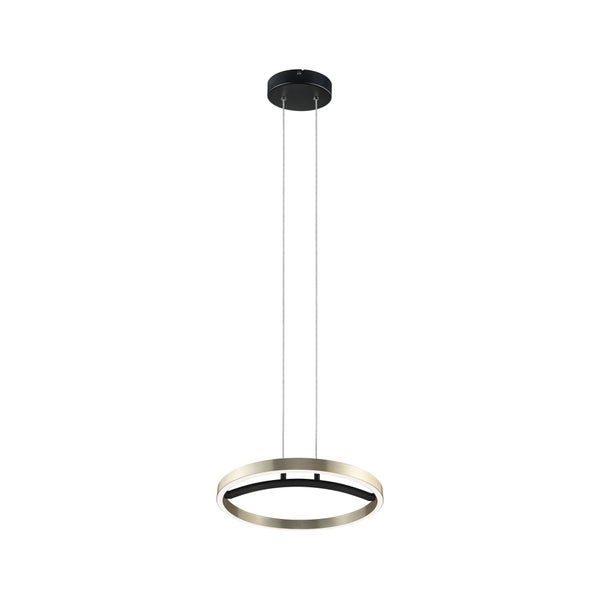 Pendelleuchte in Ringform aus Metall in Gold und Schwarz mit zwei Drahtseilen.