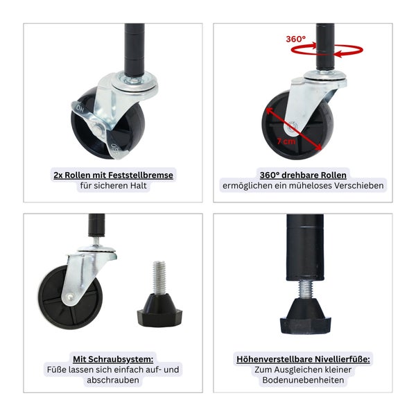 Regalzubehör: zwei Rollen mit Bremse, 360 Grad drehbare Rollen mit 7 Zentimeter Durchmesser, Schraubsystem und höhenverstellbare Nivellierfüße.