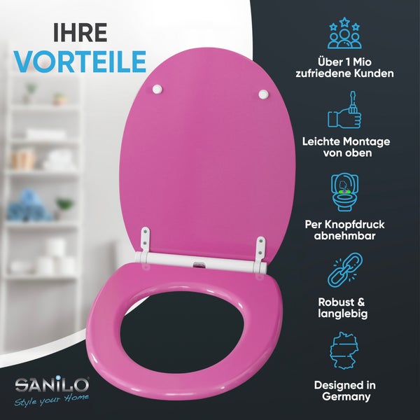 Sanilo Toilettensitz in Rosa. Merkmale: Montage von oben, per Knopfdruck abnehmbar, robust, langlebig, in Deutschland entworfen. Sanilo Logo.