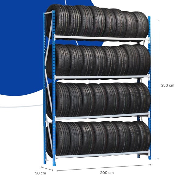 PROREGAL Reifenregal High Maximus Pro HxBxT 250 x 200 x 50 cm 4 Ebenen 140 kg Fachlast Lichtblau-Lichtgrau