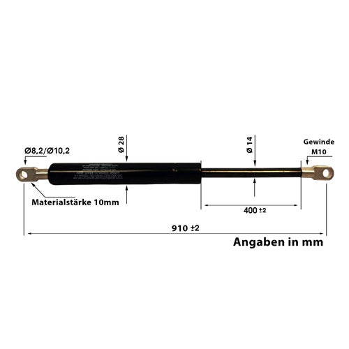Gasdruckfeder mit Maßangaben: Gesamtlänge 910 Millimeter, Durchmesser 28 Millimeter, Hub 400 Millimeter, Gewinde M10.