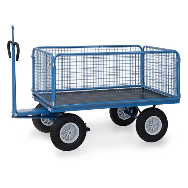 Blauer Handwagen mit Gitteraufbau, vier Luftreifen und Deichsel mit Handgriff.