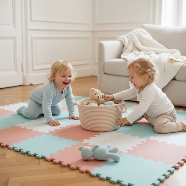 Zwei Kleinkinder spielen auf einer quadratischen Puzzlematte im Kinderzimmer mit einem Korb voller Stofftiere auf einem Parkettboden.