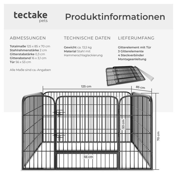 Produktinformationen zur Tectake Haustier-Umzäunung mit Tür, Abmessungen, technische Daten und Lieferumfang