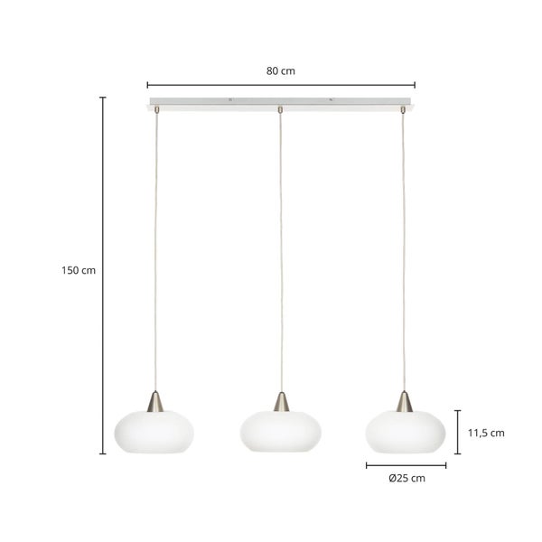 Dreiflammige Pendelleuchte mit ovalen Glasschirmen. Maße: Deckenbalken 80 Zentimeter, Gesamthöhe 150 Zentimeter, Schirmdurchmesser 25 Zentimeter.