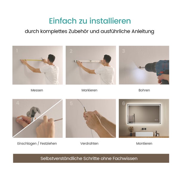 EMKE Badspiegel mit Beleuchtung  100 x 60 cm, LED-Spiegel mit Touchschalter, Anti-Beschlag, Kaltweiß