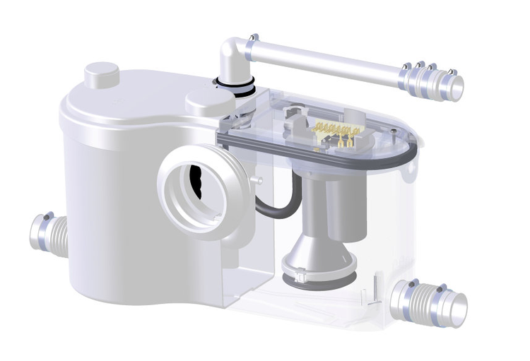 Hebeanlage für Abwasser mit transparentem Gehäuse, Sicht auf Innenleben, Motor und Pumpenmechanismus sowie Rohranschlüssen.