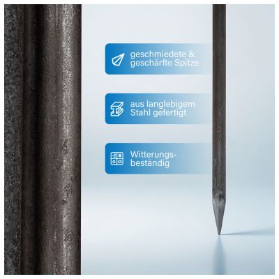 Stahlpfosten mit geschmiedeter und geschärfter Spitze, gefertigt aus langlebigem Stahl, witterungsbeständig.