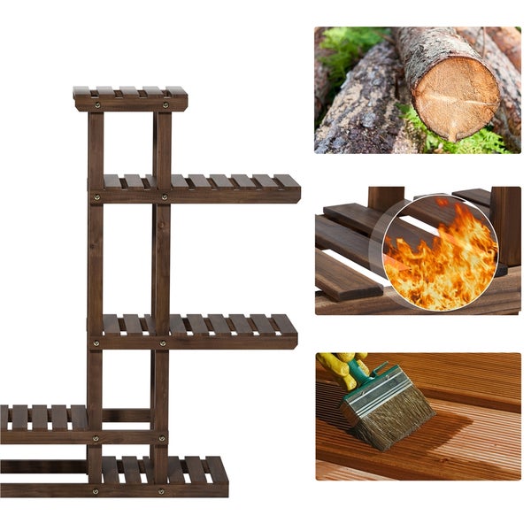 Mehrstöckiges Pflanzenregal aus Holz mit Holzschutzlasur und Feuerbeständigkeit.