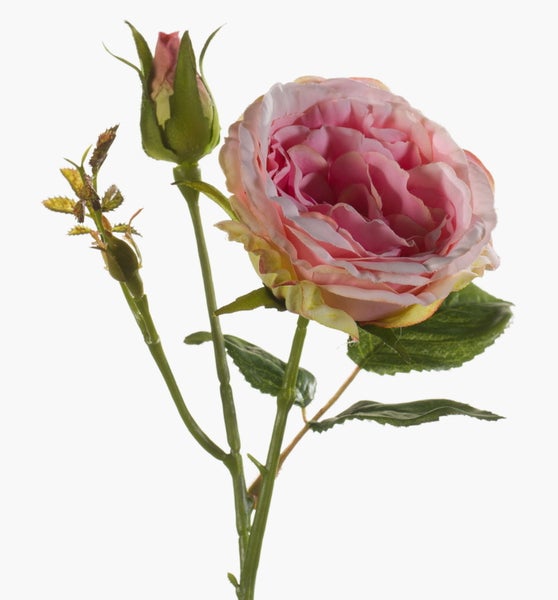 Künstliche rosa Rose mit einer offenen Blüte, zwei Knospen und grünem Stängel.