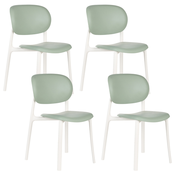 Vier Stühle mit Sitzfläche und Rückenlehne aus Kunststoff, Gestell aus Kunststoff