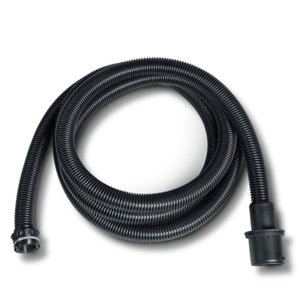 Flexibler Staubsaugerschlauch aus schwarzem Kunststoff mit gerippter Struktur und Anschlussstücken.